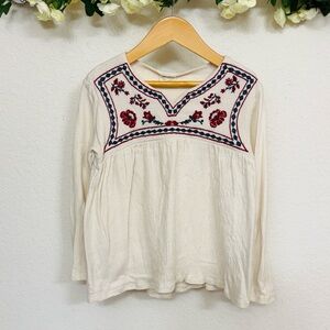 Zara • Cream Long-Sleeve Embroidered Peasant Top with Red & Teal Accents